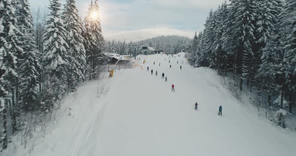 Skiers on Snow Ski Slopes at Resort Aerial