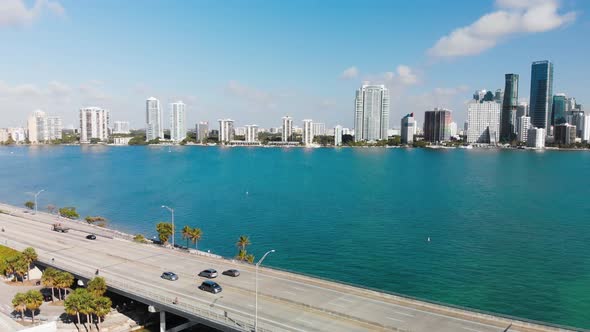 Aerial Drone View of Rickenbacker Causeway and Downtown Miami on a Sunny Day Florida