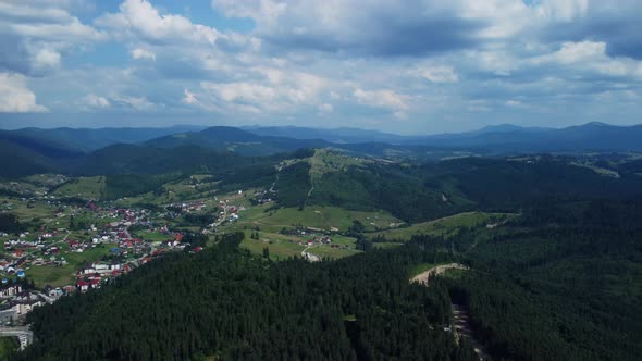 Arial view of idyllic high-rise touristic place in Bukovel, Ukraine.