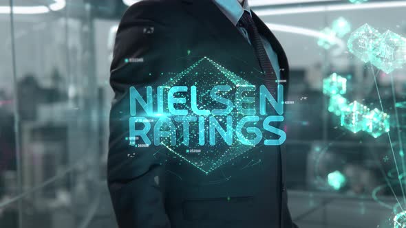 Businessman with Nielsen Ratings Hologram Concept alt