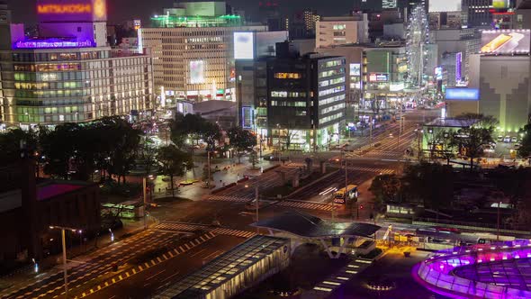 Nagoya Illuminated Night Street Traffic Timelapse