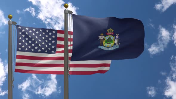 Usa Flag Vs Maine State Flag  On Flagpole