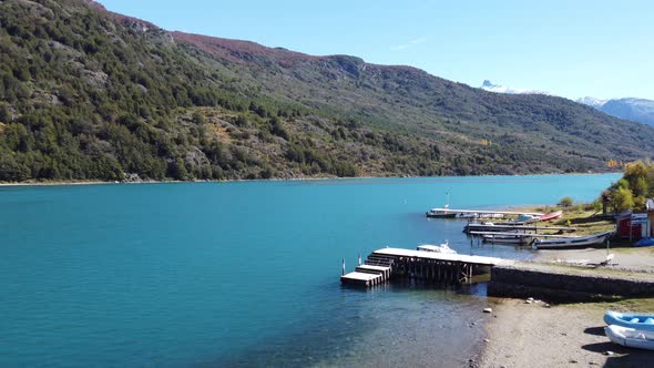 Top Aerial Drone View of the impressive Baker River and Puerto Beltrand Village. Bird Eye View over