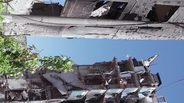 Vertical Video of a Destroyed Residential Building During the War in Ukraine