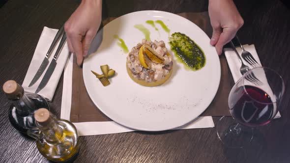 View From Above of Friend Having Dinner in Modern Restaurant with Salad Pork and Dessert