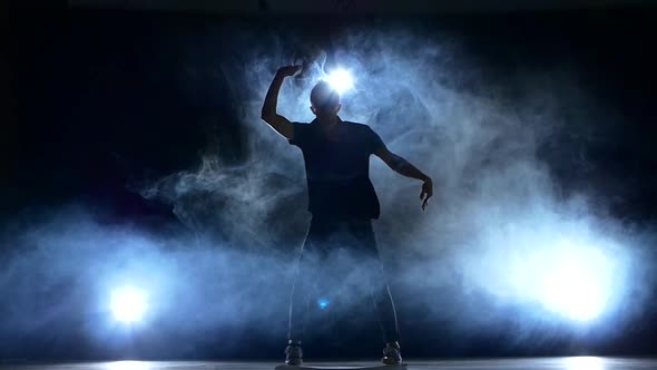 One Hip Hop Break-dancer Stylish Man Dancing, Smoke, Silhouette, Slow Motion