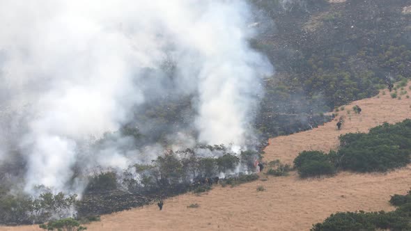 Wildfire burning on grassy mountainside as firefighters work