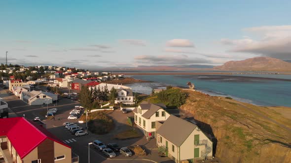 Panoramic View of Town Borgarnes in SouthWestern Iceland From a Drone Viewpoint