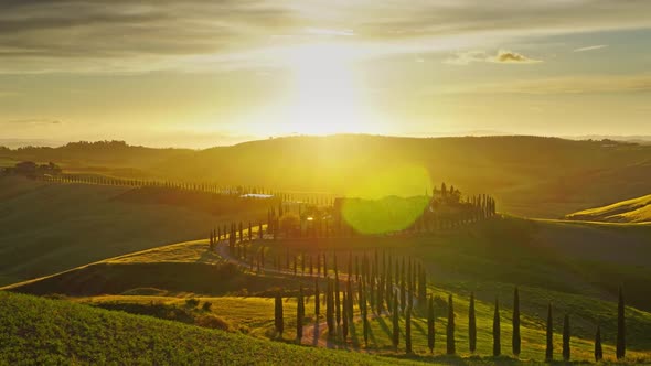 Tuscany Landscape Road Cypresses Hill Sunset