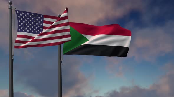 Sudan Flag Waving Along With The National Flag Of The USA - 4K