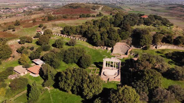 View From Drone of Ancient Ruins Monastery and Beautiful Green Fields