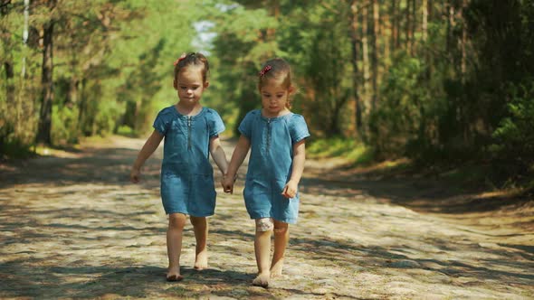 Girls Are Walking on a Forest Road