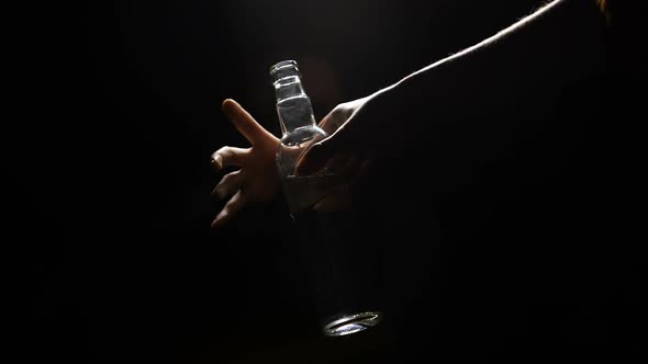 Alcoholic Taking Vodka With Shaking Hands in Darkness, Descend to Bottom, Misery