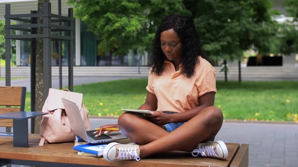 African Student Girl with Laptop and Books in City