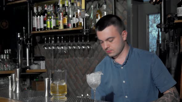 Handsome Bartender Preparing Cocktail at the Bar