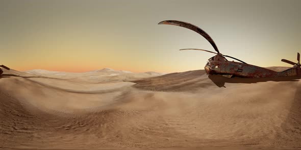 VR360 Old Rusted Military Helicopter in the Desert at Sunset