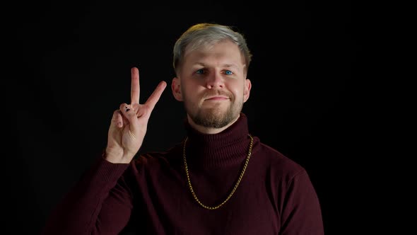 Stylish Friendly Man Feeling Happiness Enjoyment Showing Victory Sign Doing Peace Gesture Smiling