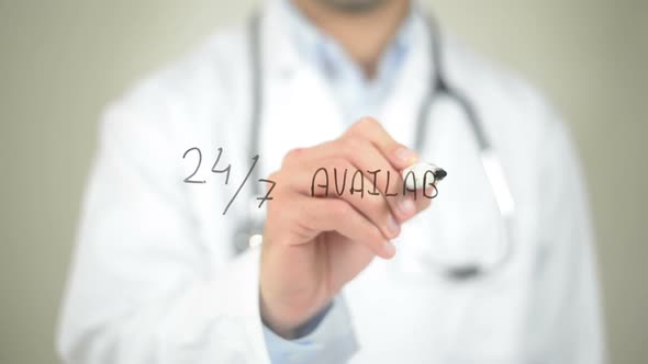 24/7 Available, Doctor Writing on Transparent Screen