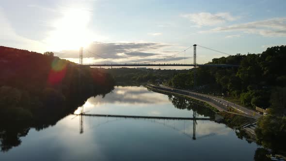 Aerial Shot The City Zhytomyr. Pedestrian Suspended Bridge Through The R. Teteriv. Ukraine