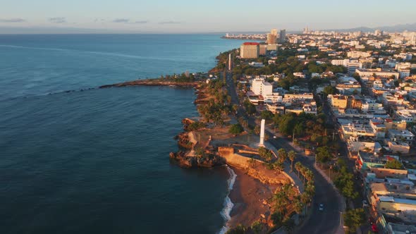 Aerial shot over George Washington avenue, on the boardwalk of Santo Domingo with a view of the fema