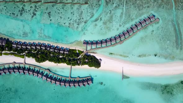 Aerial drone travel of tourist beach by water and sand background