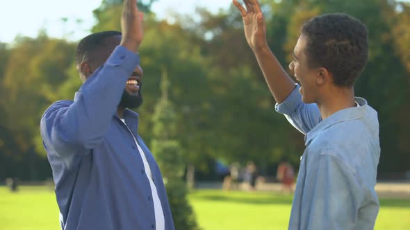 Cheerful Black Brothers Giving High Five Outdoors, Happy Family, Close Relations