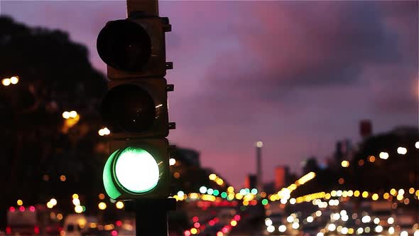 Traffic Light at Sunset in Buenos Aires, Argentina.