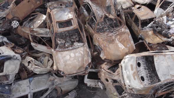 War in Ukraine a Dump of Burned Cars in Irpin Bucha District