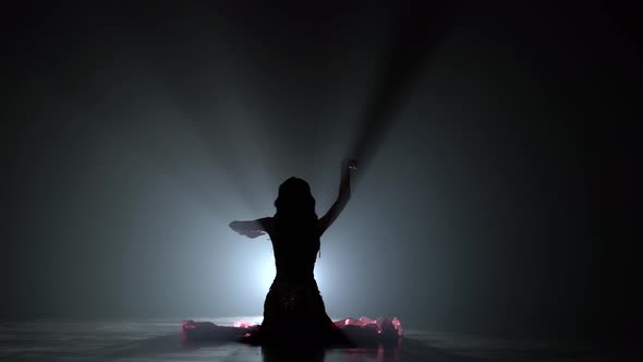 Dances Belly Dancing Her Movements. Smoke Background. Sihouette