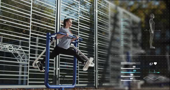 Sportive Woman Do Walking Exercises at Outdoor Gym Augmented Reality Interface with Health Data