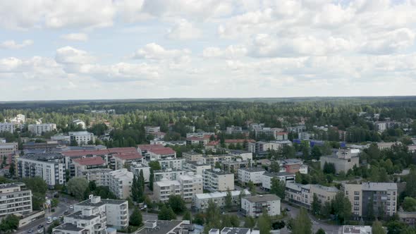 Expansive aerial view over buildings near Helsinki, Finland.