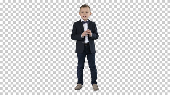 Serious little boy giving a speech to camera, Alpha Channel