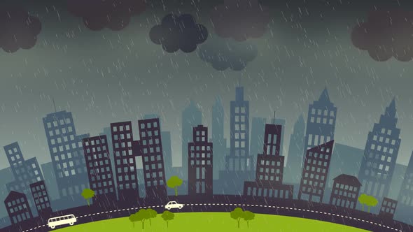 Loopable animation of a modern cityscape on a stormy night with the lightning.