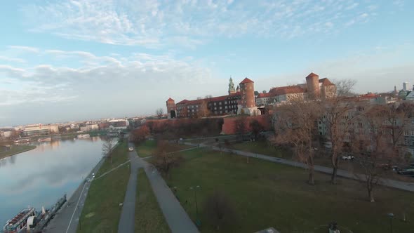 Flight Along the Embankment of the Vistula River Over the Wawel Castle Panorama of the City on the