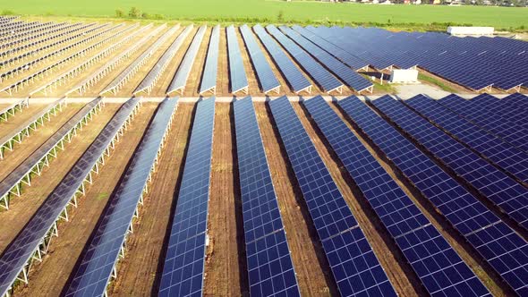 Aerial Drone View Flight Over Solar Power Station Panels