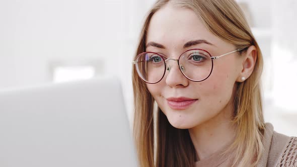 Portrait Female Face Caucasian Millennial Young Girl Blonde Student Woman Freelancer Wears Glasses