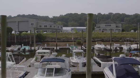 Rising Aerial Pan of Boats Docked at Marina in Glen Cove Long Island