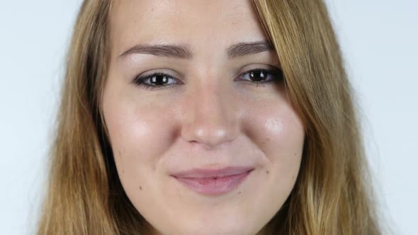 Close Up Of Face Of Beautiful White Girl Smiling , White background
