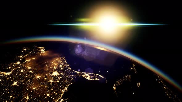 Space, Sun and Planet Earth at Night alt