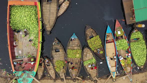 Aerial view of people working on commercial boats, Buriganga, Dhaka, Bangladesh.