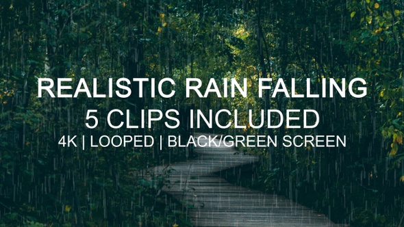 5 Rain Falling 4K Clips with Black and Green Screen