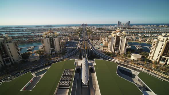 Aerial view of Dubai city mall and residential district, United Arab Emirates.