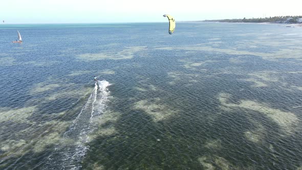 Kitesurfing Near the Shore of Zanzibar Tanzania