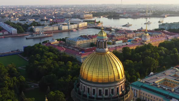 Aerial Morning Urban Landscape with Warships in the Waters of the Neva River Before the Holiday of