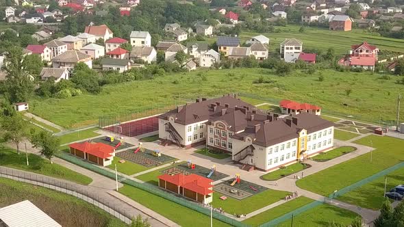 Aerial view of new preschool building in residential area