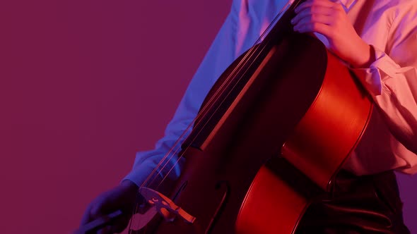 Woman in the Studio Play the Cello with a Bow and Hand on Strings on a Colored Background