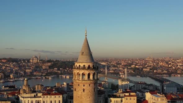  footage of bosphorus in the sunset having galata tower in the middle