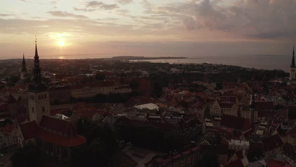 Beautiful Aerial Drone Shot of Old Town of Tallinn Estonia at Sunset