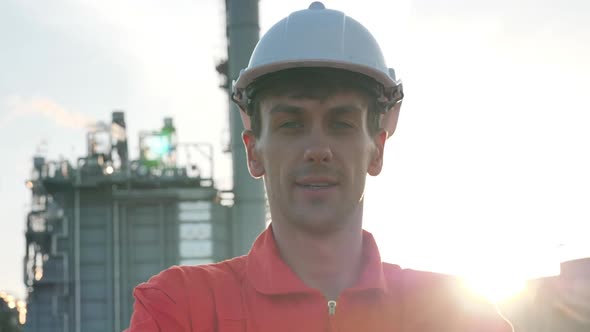 Portrait of Smiling engineer male in safety uniform