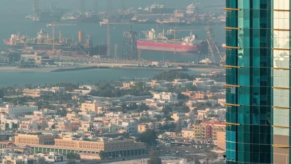 Aerial View From Downtown of Dubai to Port Timelapse